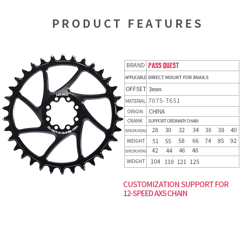 PASS QUEST 8 nail  Chainring ForSRAM ETAP FORCE RED Direct Mount Crank 3mm Offset 28-48T Narrow Wide Bicycle Chainwheel PART