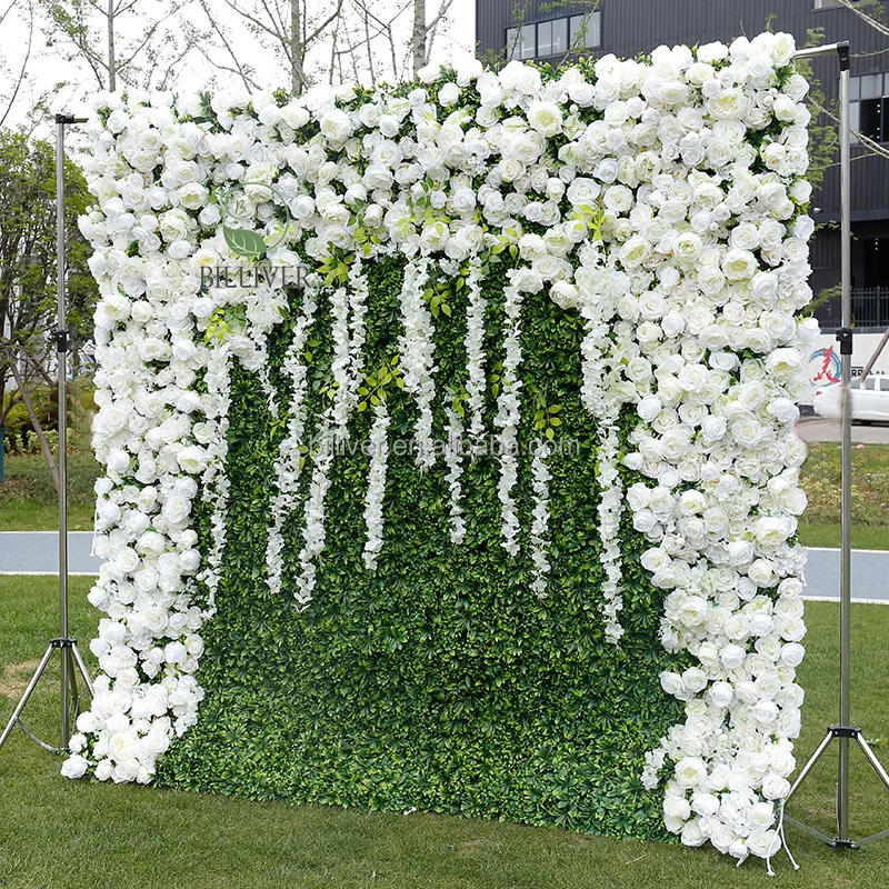 

High quality cloth bottom simulation roll up flower wall backdrop color high density wedding rose morning flower wall