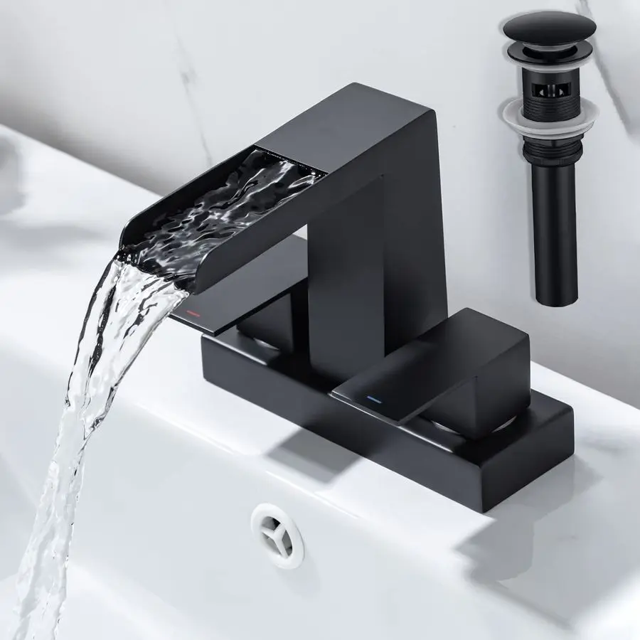 

Inch Centerset Waterfall Bathroom Faucet 2 Handle 3 Hole Basin Faucets with Pop Up Drain with Overflow Lavatory Mixer Tap Vanity