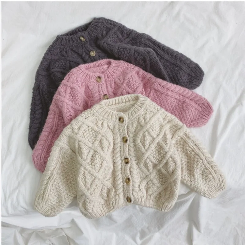 Girls Knitted Sweater Cardigan New Fashion Baby Coarse Wool Hemp Retro Cardigan Boys Coat Kids Clothes