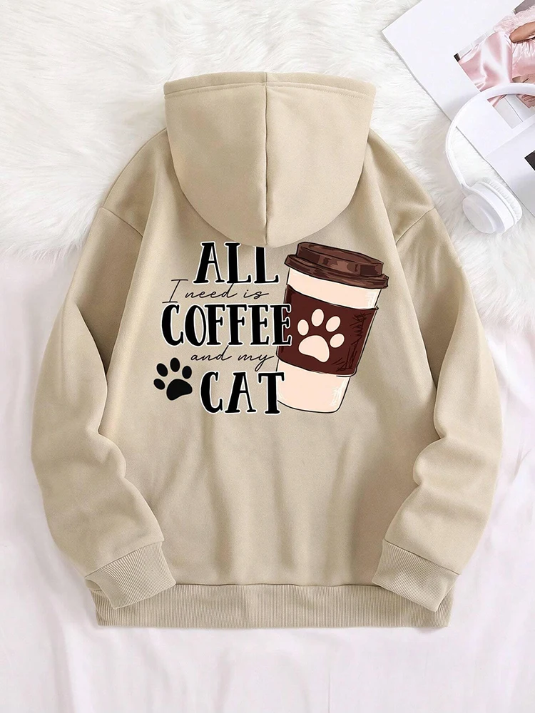 

All Coffee Cat Printed Women Sweatshirt Harajuku Casual Comfortable Hoody Fashion Loose Hoodie Autumn Warm Vintage Fleece Tops