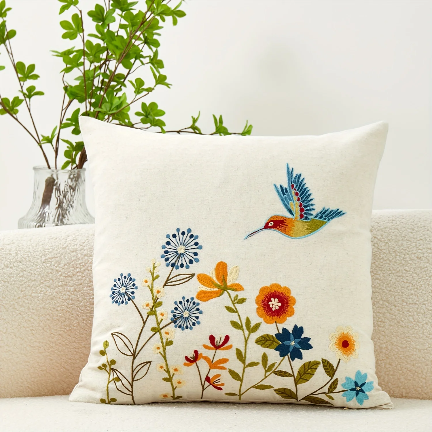 Hummingbird Floral Throw Pillow Cover Vintage Boho Flower Bird Decorative Cushion Case for Sofa Couch  Home Decor