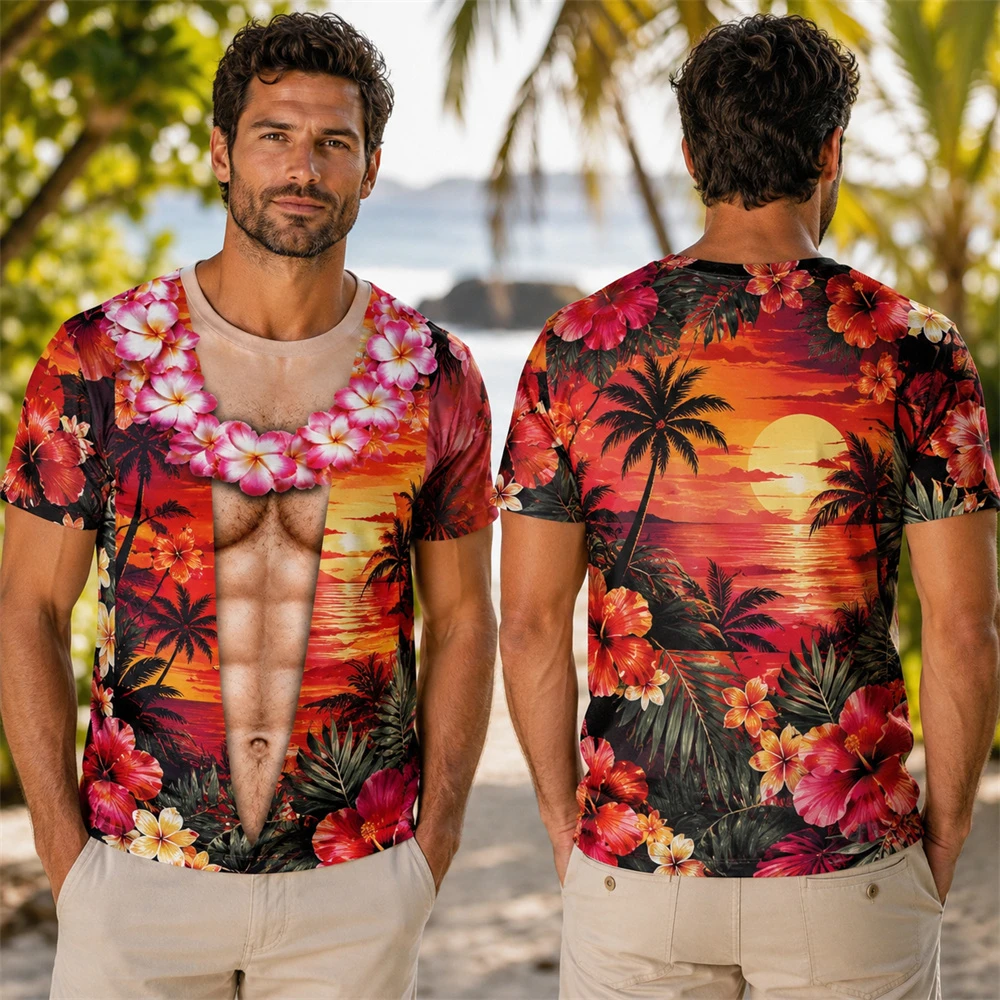 Men's 3D Fake Open Shirt T Shirt Tropical Floral Print Muscle Chest Abs Illusion Short Sleeve Hawaiian Tee Beach Party Summer