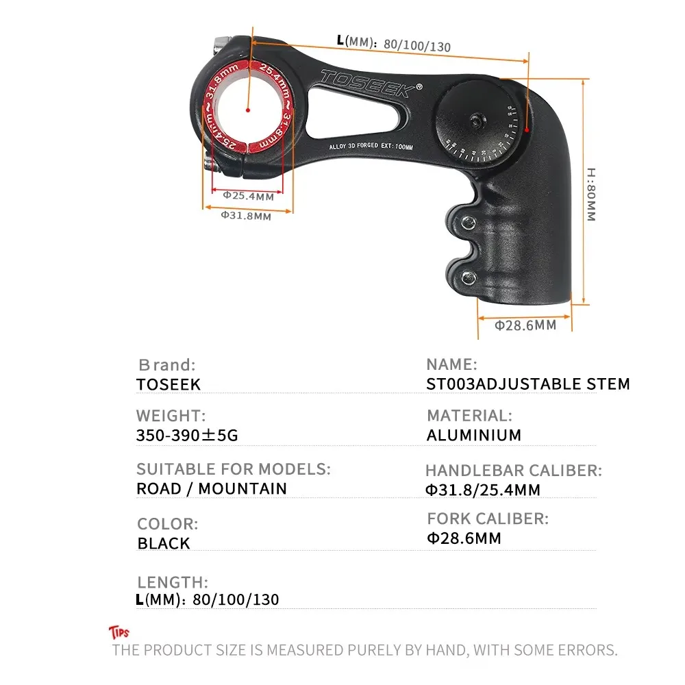 TOSEEK Bike Handlebar Stem Adjustable -45 To 90 Degree Length 80/100/130mm Handlebar 25.4/31.8mm Stem For XC MTB Road City Bike