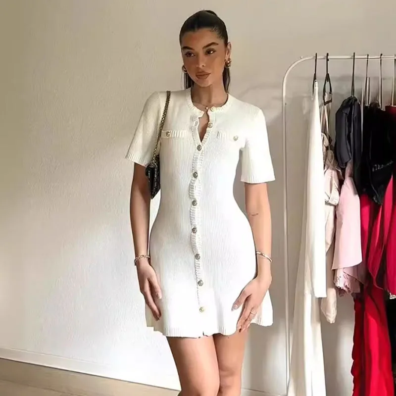 

2025 Summer Short Sleeve Sweater Dress Women Elegant Metal Buttons Round Collar Short Dress Slim High Waist Knit Bodycon Dresses