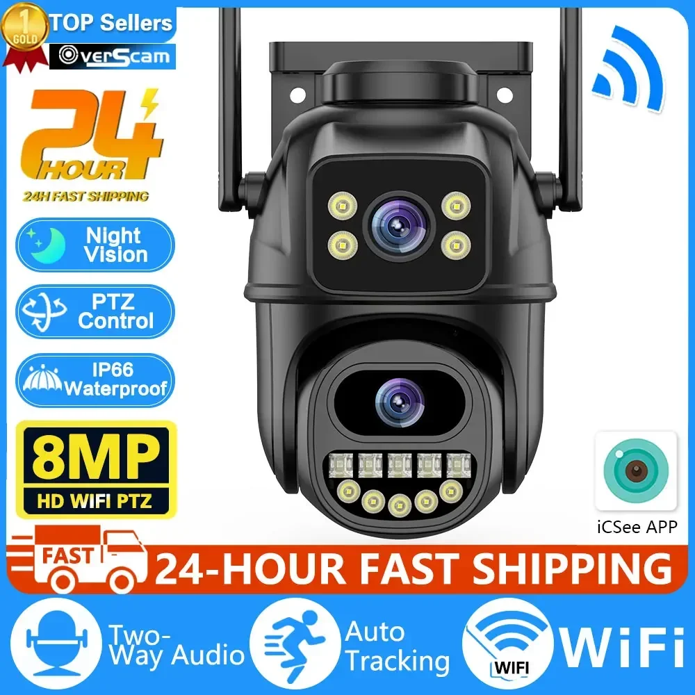 

8MP 4K IP Camera Dual Lens Dual Screen PTZ Wifi Camera Outdoor Waterproof Security Video Surveillance Camera Police Light Alarm