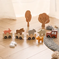 Montessori Toys Baby Animal Train Toys Wooden Animal Stacking Toy Blocks Game Hands-on Queuing Ability Educational Children Gift