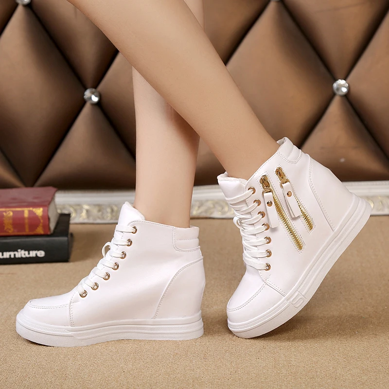 New Women Wedge Platform Sneakers Rubber PU Leather High Heels Lace Up Shoes Height Increasing Creepers White Black Shoes Casual