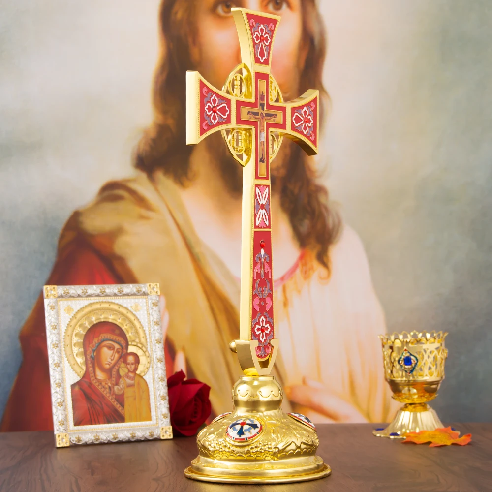 New Orthodox Standing Cross Jesus Cross Procession Cross Zinc Alloy Gold Plated Religious BoxGift Wedding Funeral Worship Church