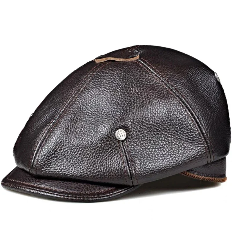 Retro Men's Outdoor Genuine Leather Hat Winter Berets Male Warm Cap 100% Cowhide Dad Hat Wholesale Leisure Duckbill