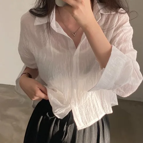 Summer Chic Sun Protection Thin Long Sleeve Shirt Women's Collared Fold Design Casual Straight Cut Pure Color Button up Top