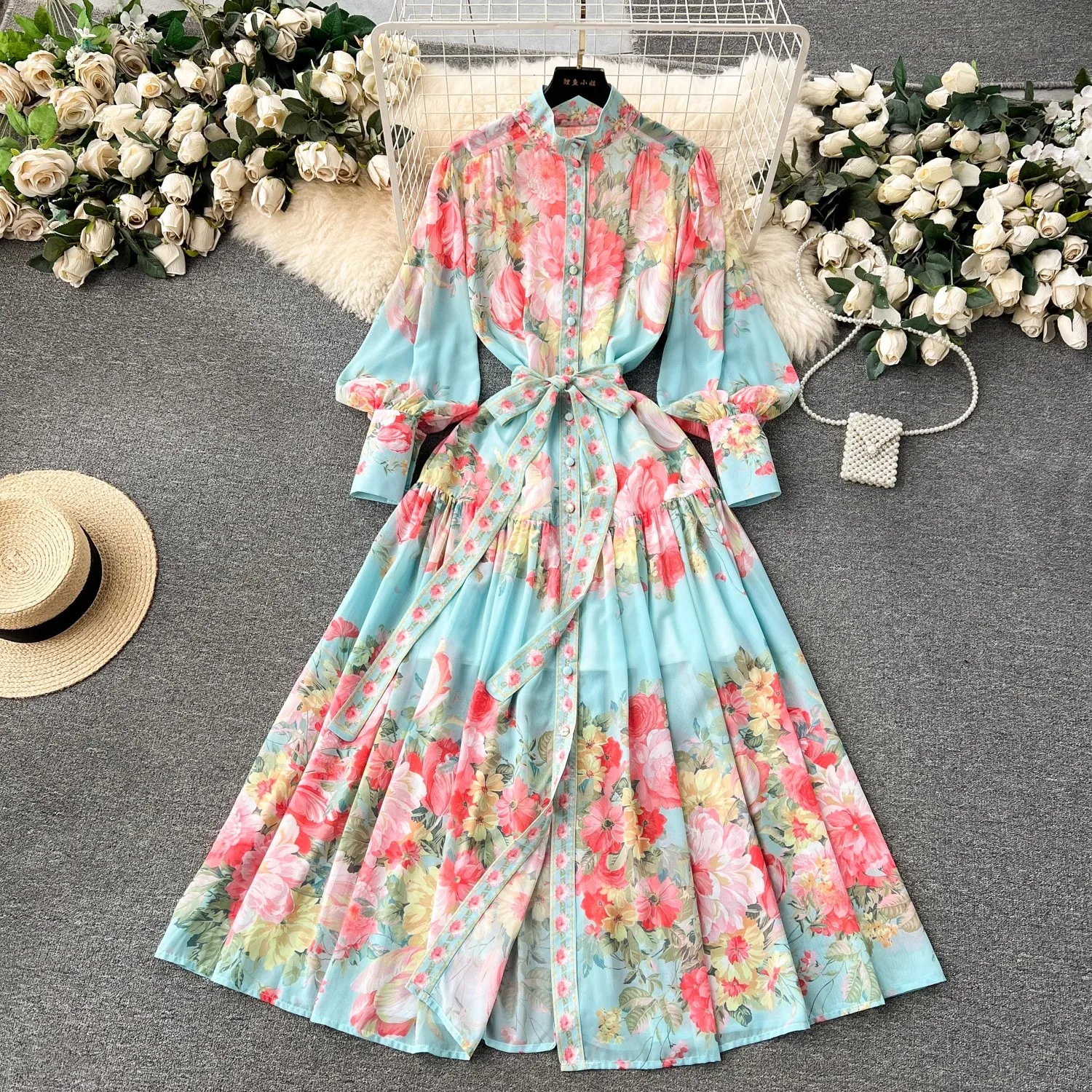 

Spring Summer Flower Print Chiffon Bohemian Dress Women's Stand Long Lantern Sleeve Ruffles Buttons Belt Maxi Robe Vestidos 2049