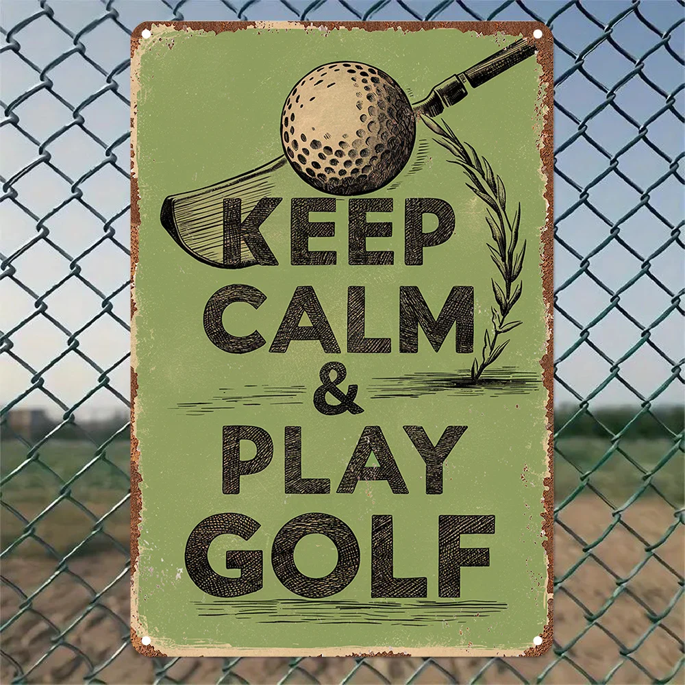 سطح مسطح ثنائي الأبعاد، 1 شعار معدني للجولف القديم، فن تزيين الجدار الحديدي، لوحة حديدية قديمة مع شعار "البقاء الهدوء، لعب الجولف" #1