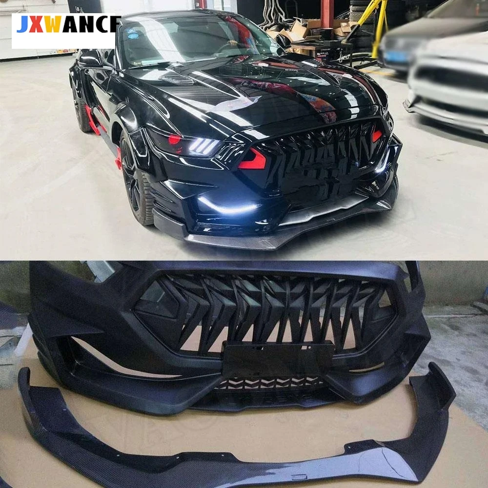 

JXWANCF for Ford Mustang Coupe 2015-2017 Carbon fiber Front Lip Spoiler FRP Head Bumper Cover Facelift Grill