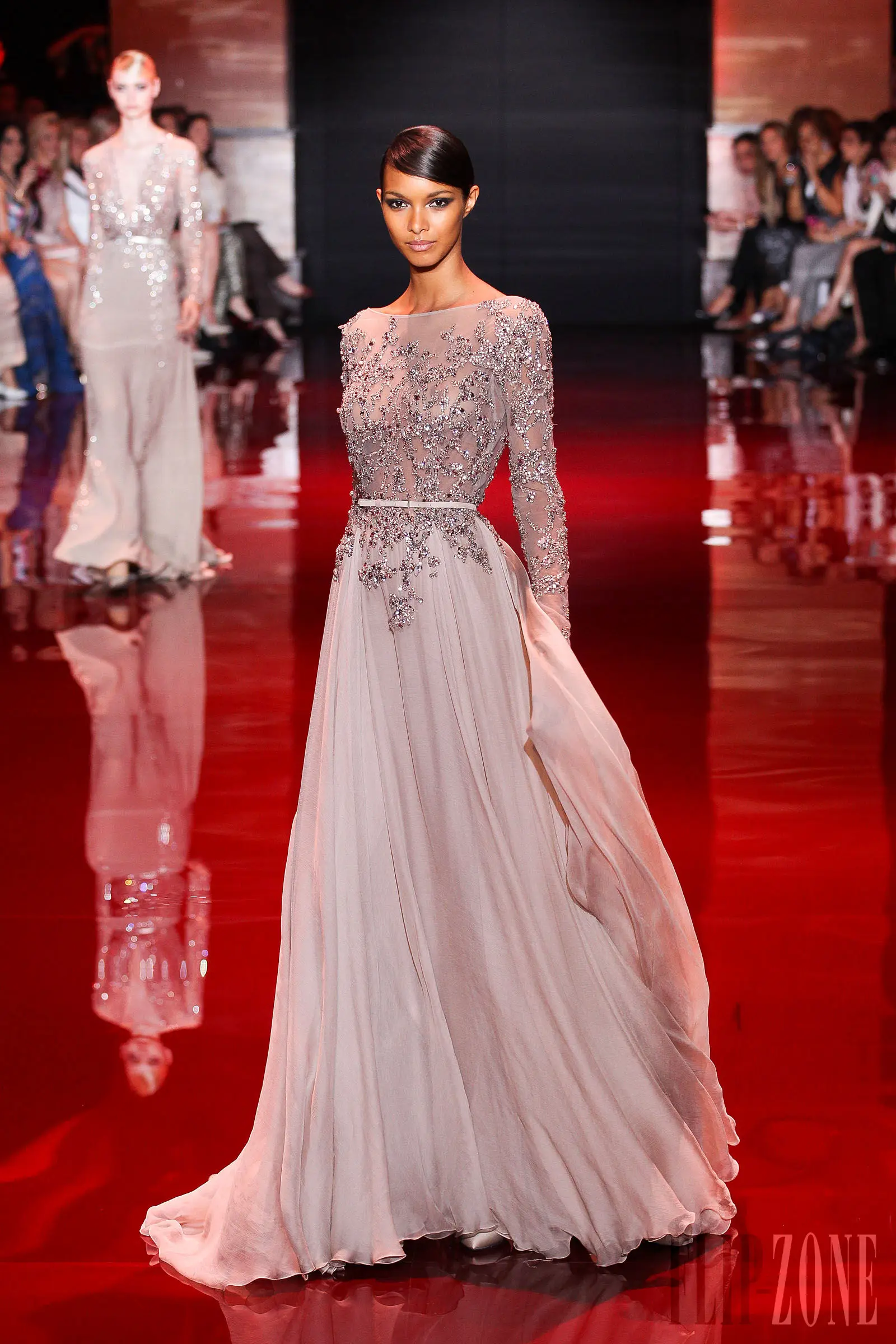 2149 Elie Saab Long Sleeves Gray Crystal Open Back Chiffon vestidos de noche vestidos de galaevening dresses فستان العيد