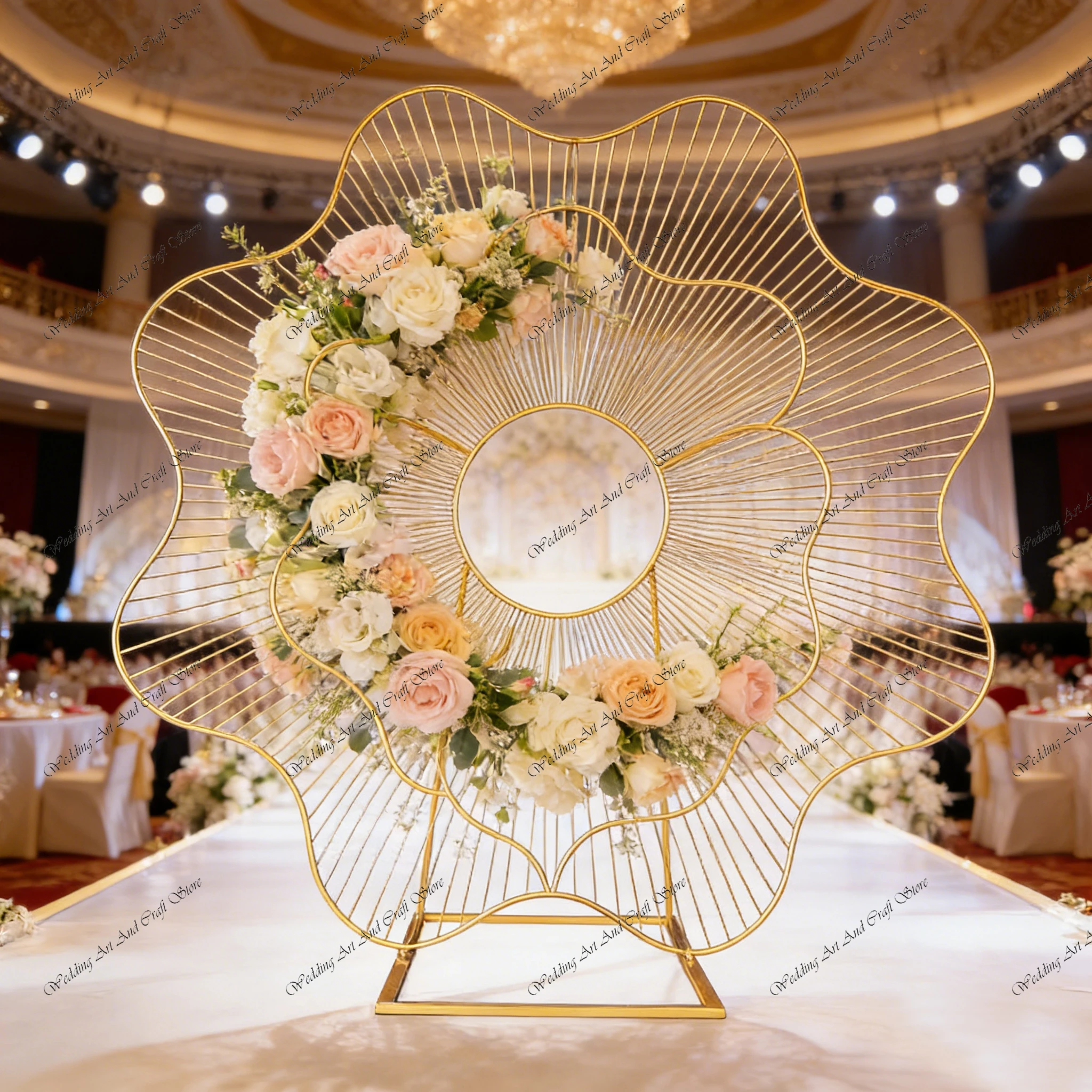 1pc f30 285cm Wedding Flower Props Stage Background with Outdoor Gold Iron Wedding Backdrop Circle Ornaments Curve Shape ivy895