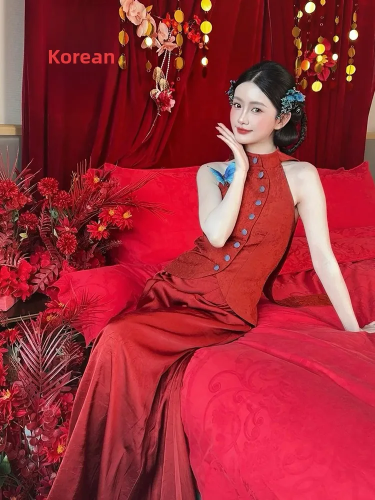 

Retro Chinese Sle Long Red Evening Gown for Women Svel Ne Hanging Dr Wedding Banquet Performance Polyester Fiber