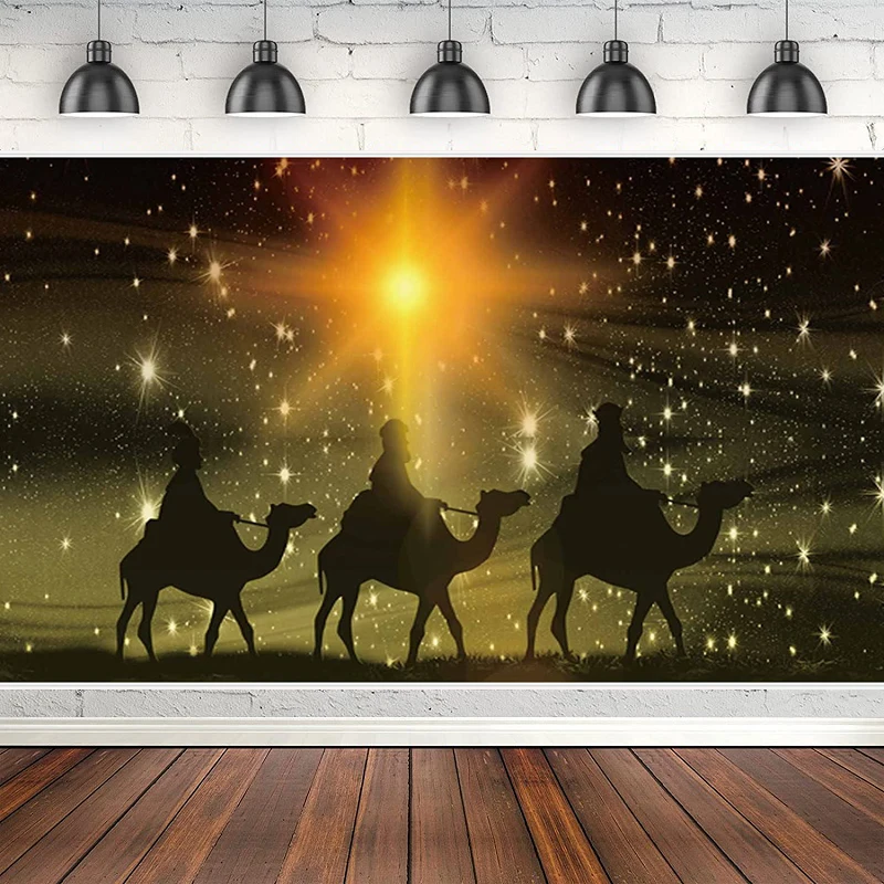 Christmas Photography Backdrop Three Kings Desert Camel Starlight Holy Night Banner Yellow Background Poster Photo Studio Props