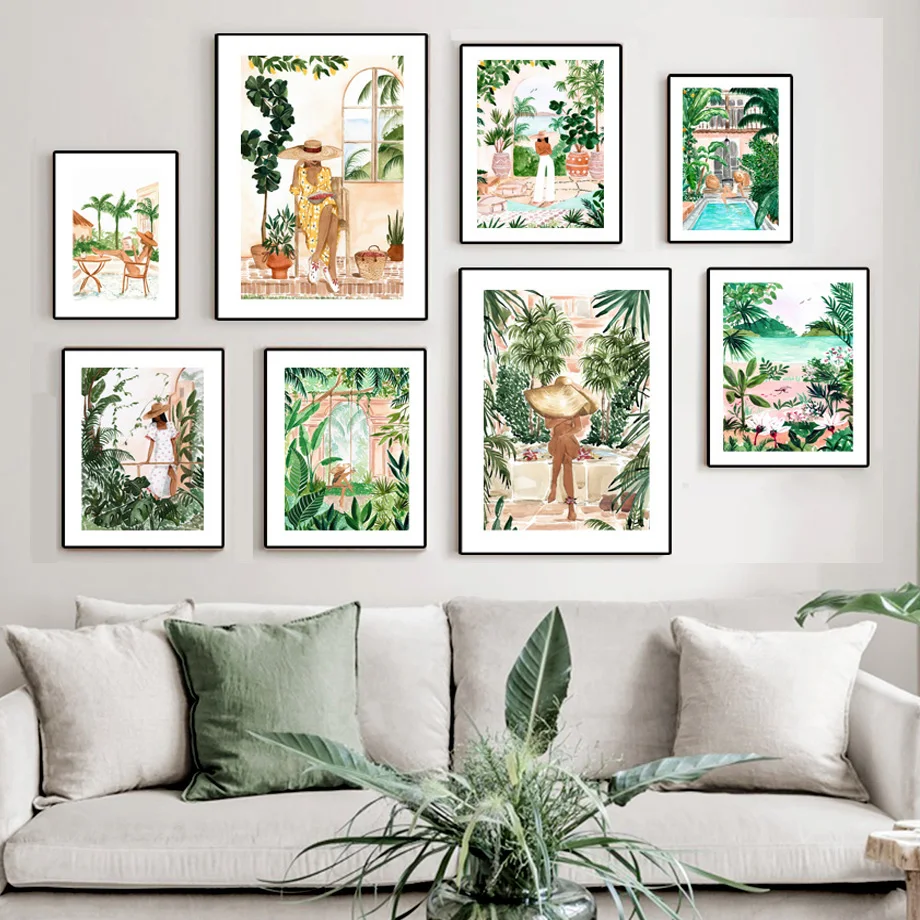 

Tropical Wall Art Fashion Girl Green Tone Plant Leaf Canvas Painting Nordic Posters and Prints Pictures for Living Room Decor