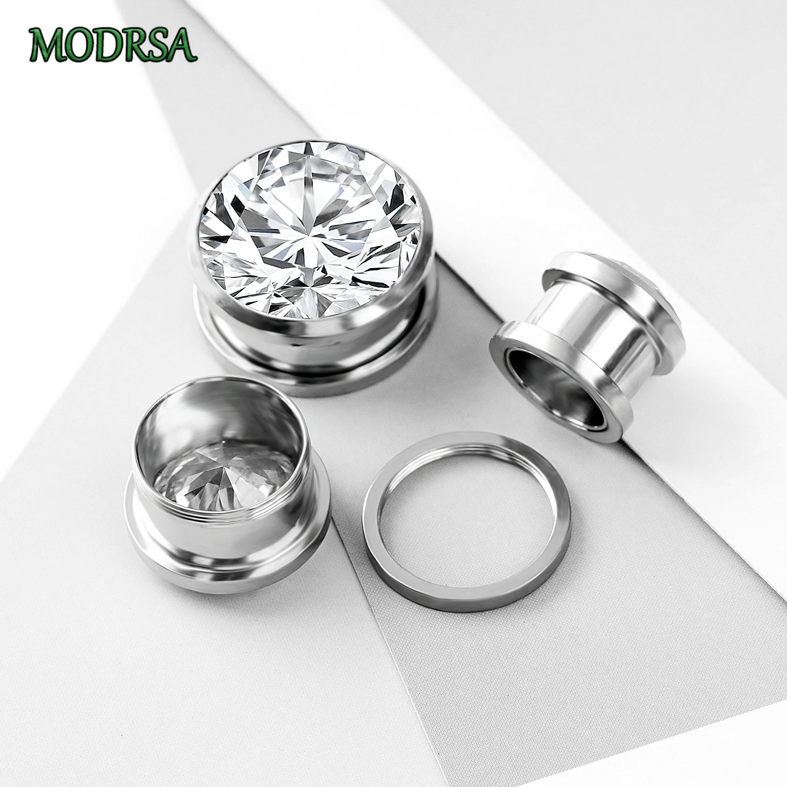 MODRSA 1PC Stainless Steel Geometric Circular Ear Expander Ultra Sparkling Zircon Earrings Body Piercing Jewelry for Women