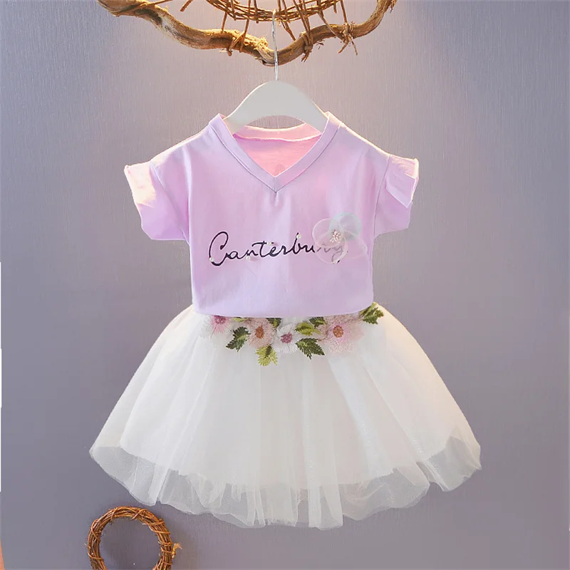 

Summer Kid Girl Clothes Flower T-shirt+Tutu Skirt 2Pcs Girl Suit Baby Clothing Casual Outfit Tulle Princess Costume Toddler A870