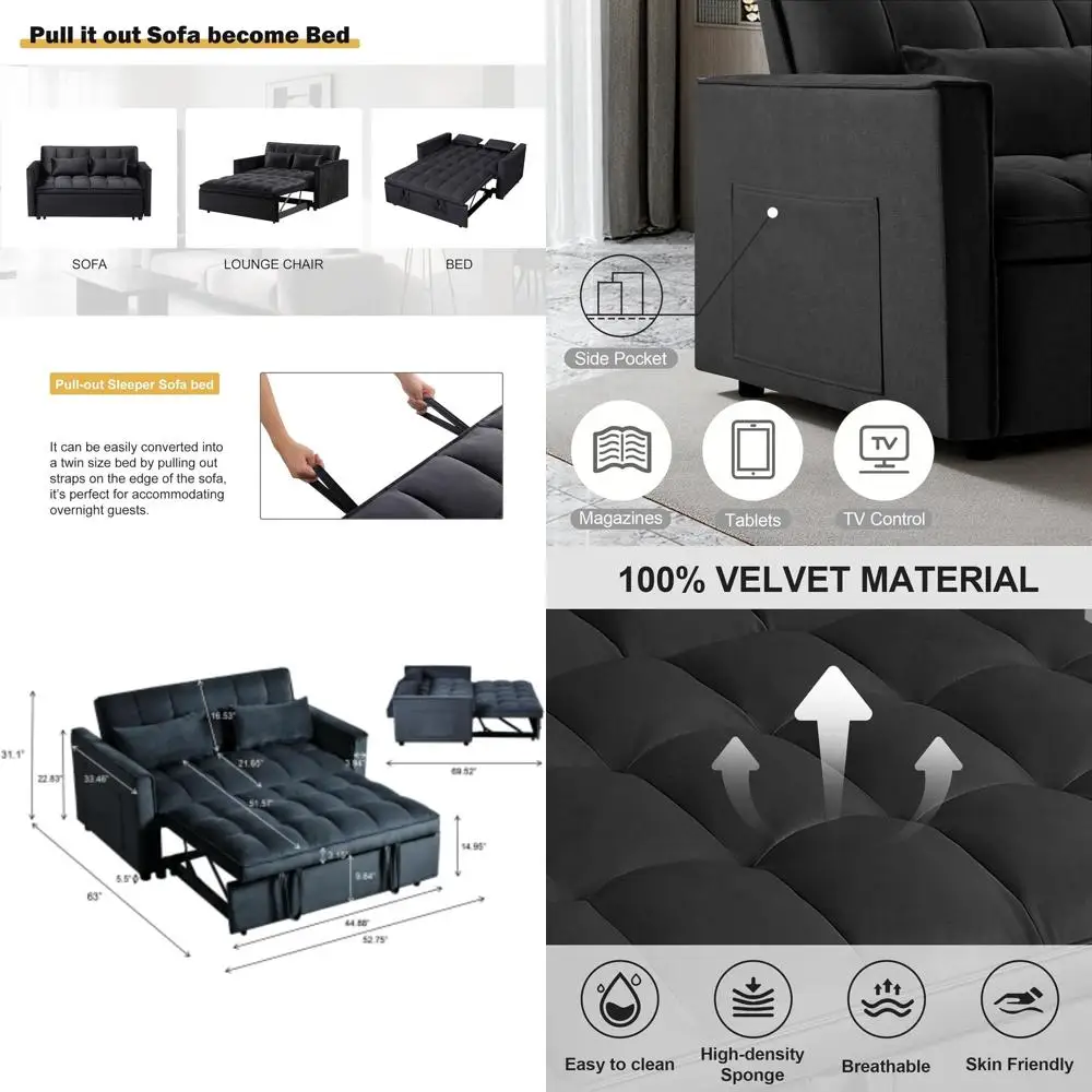 

Velvet 3-in-1 Convertible Sofa Bed with Pull-Out Couch and Adjustable Backrest for Living Spaces