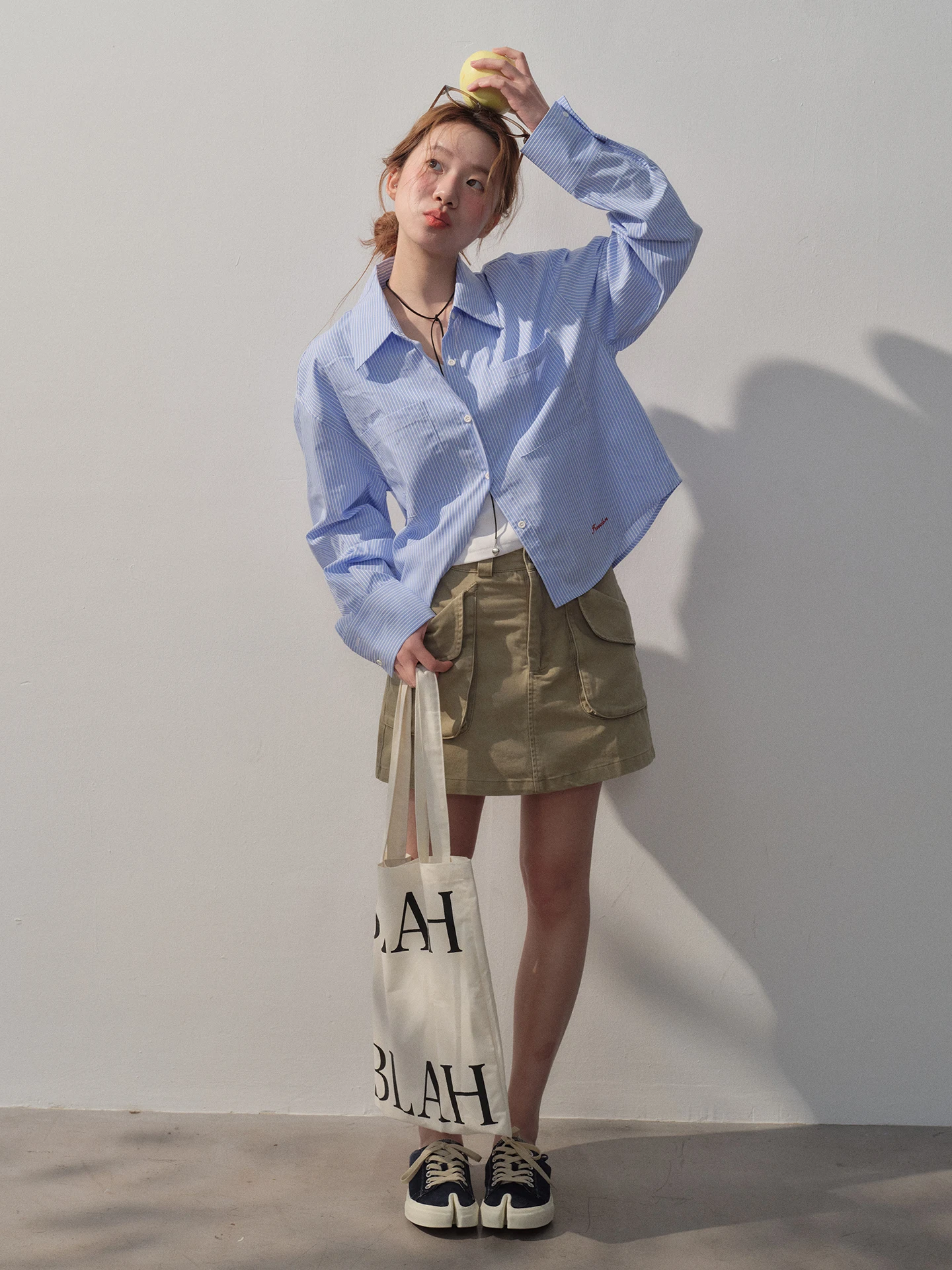 

Soloki Korean Style Loose Short Blue Striped Shirt White Enhancing College Vibes Lazy Chic Women's Cotton Shirt