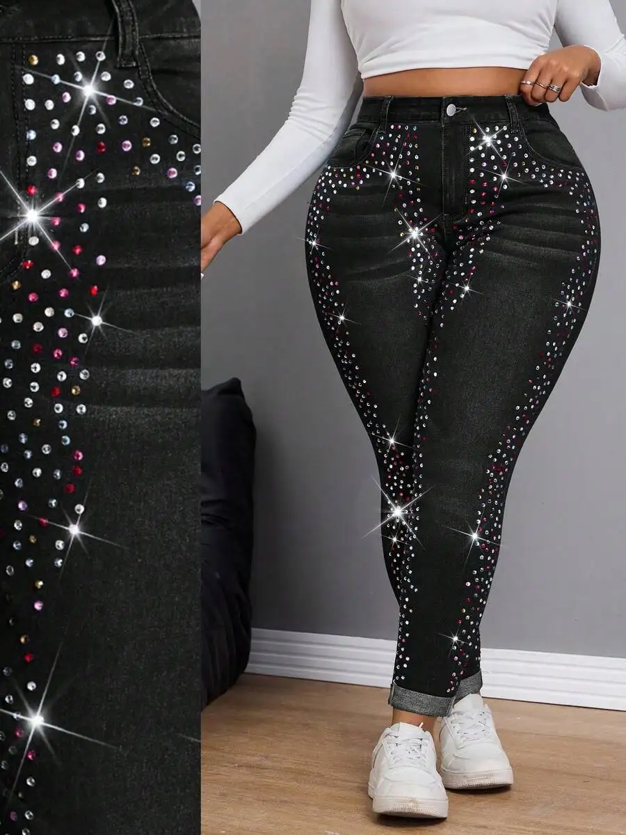 

Plus Size Rhinestone High Waist Slim Fit Jeans Bling Denim Sparkly Crystal Jeans