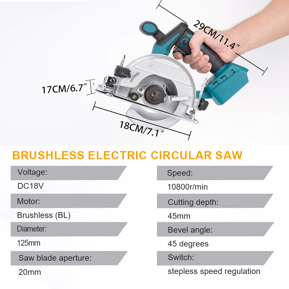 Hormy Brushless Electric Circular Saw18V 125mm Home Portable Woodworking Garden Tree Cutting Chainsaw 1000W Adjustable Angle 45°