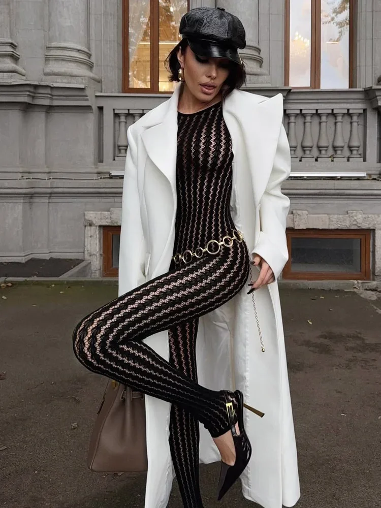 

2025 See-Through Sexy Black Jumpsuits Female Wrap Hollow Out Patchwork Printed Summer Women's Pants Skinny Fashion Rompers New