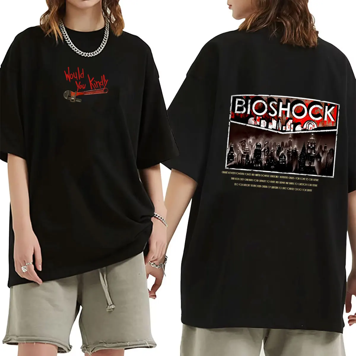 

Classic Shooting Game Bioshock Would You Kindly Vintage T-shirt Men Women Hip Hop Oversized T Shirts Male Gothic Rock Streetwear