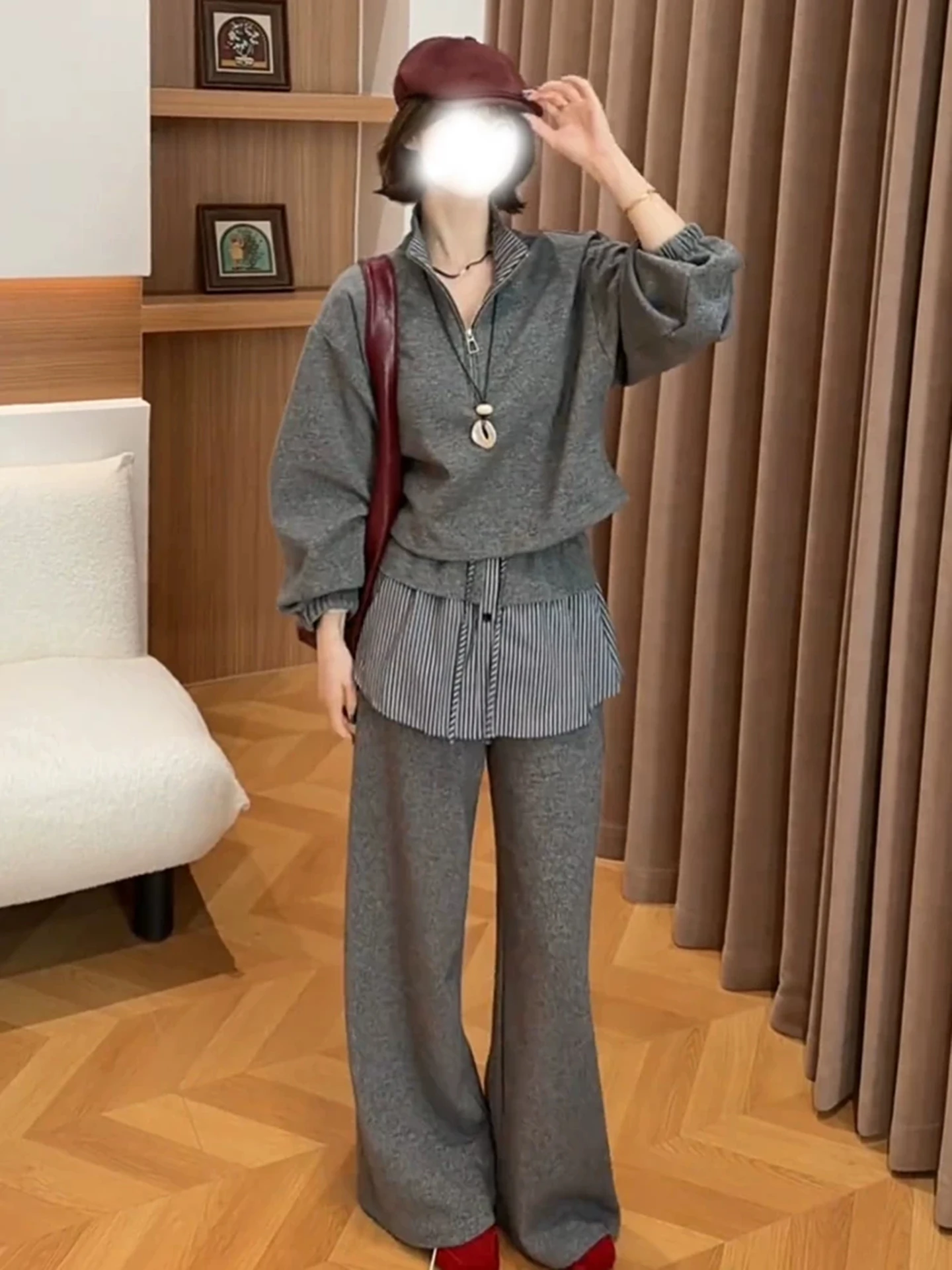 Spring 2026 Korean Style Stand Collar Half Zipper Hoodie Stripe Wide Leg Pants Two Piece Set Women Trendy Casual Fashion