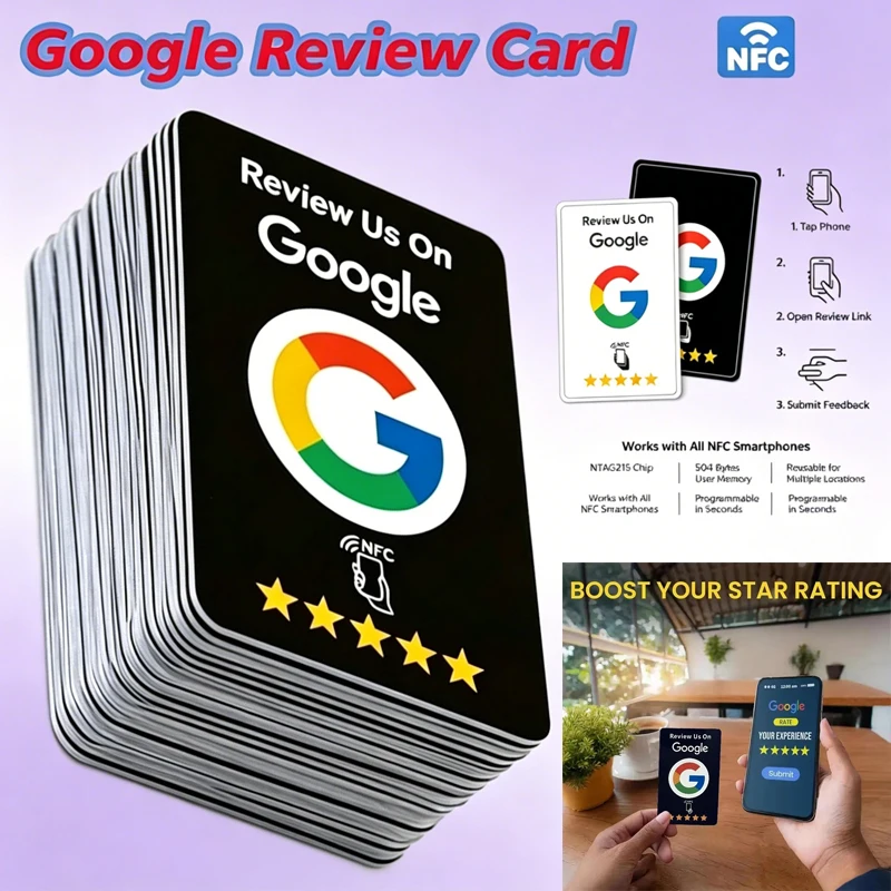 1-200Pcs Black Premium Wear‑Resistant /Matte Finish Reusable Google* Review Tap NFC Card Programmable NFC Tap Card User‑Friendly