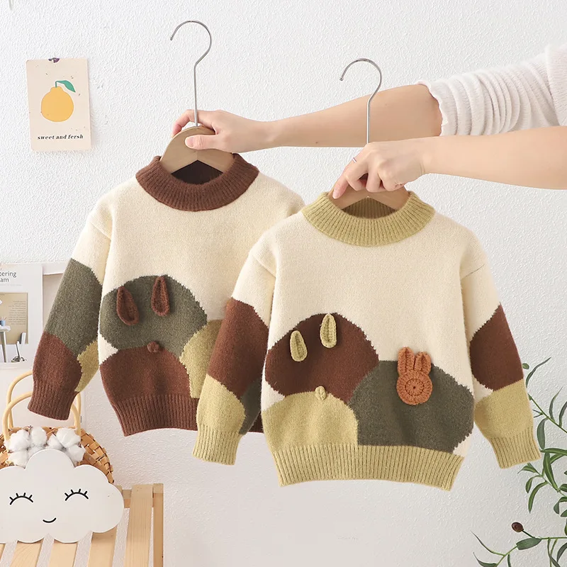 

1-8 Years Boy Sweater Fall Winter Girls Fashion Warm Children Sweater Cute Baby Jumper Patchwork Kids Knitted Base Shirt HY11281