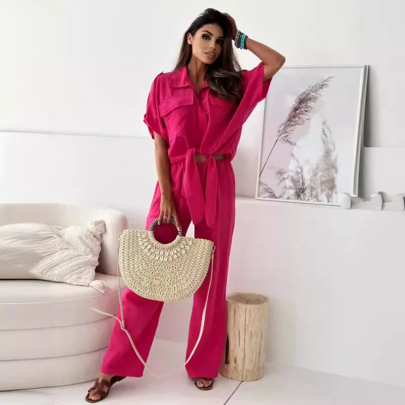 

2025 Summer Women's New Solid Color Lapel Fashion Casual Five-point Sleeve Trousers Suit Ensemble Femme 2 Pièces