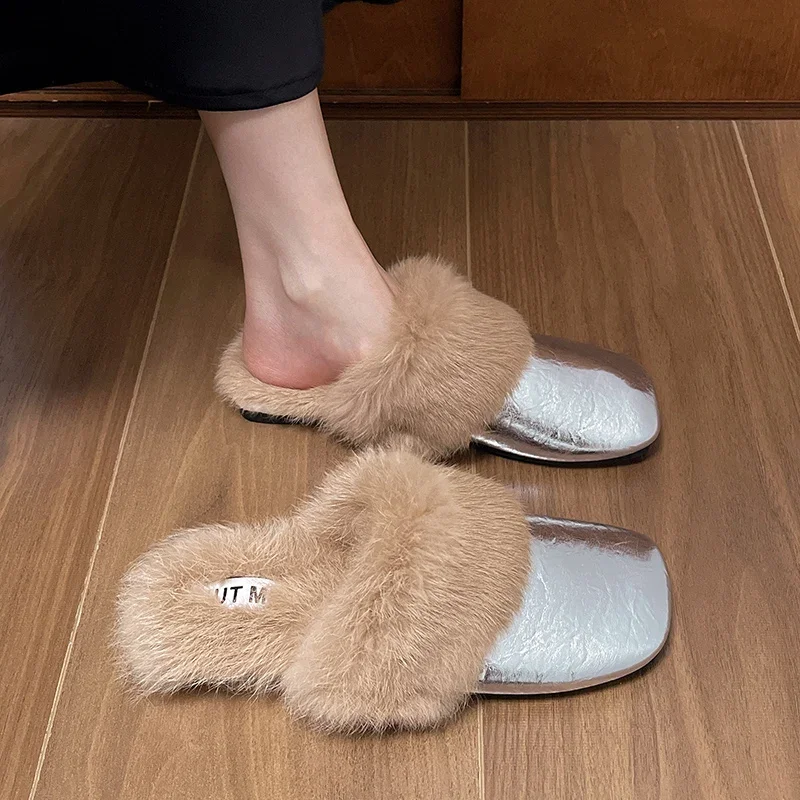 

Mules Women Slippers 2024 Trend Fur Warm Soft Woman Shoes Square Toe Flats Casual House Cotton Shoes Winter Walking Cozy Boots