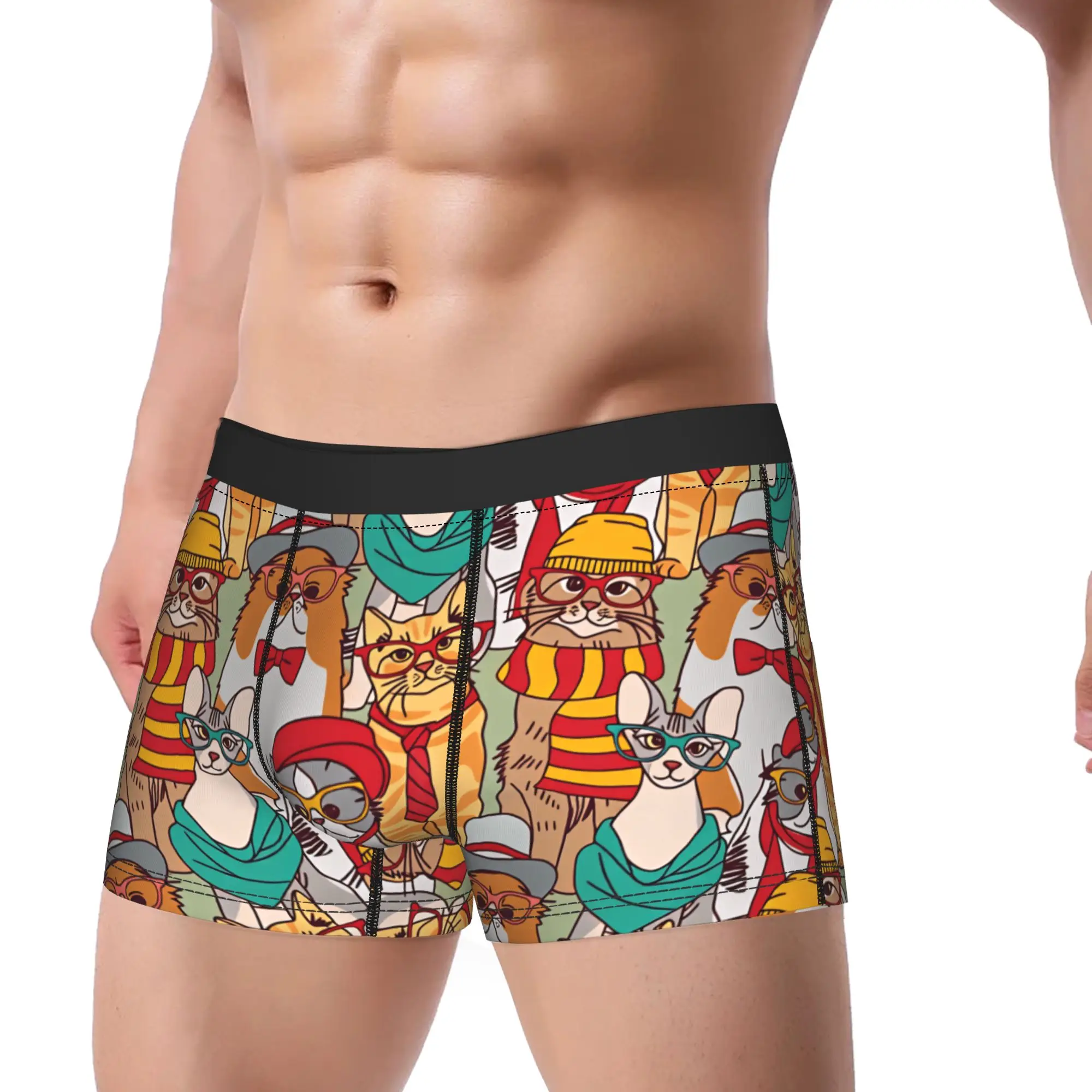 Cute cats group fashion hipster seamless pattern Boxershorts  Pouch Underwear Trenky Print Shorts Briefs Sexy Men Underpants2XL