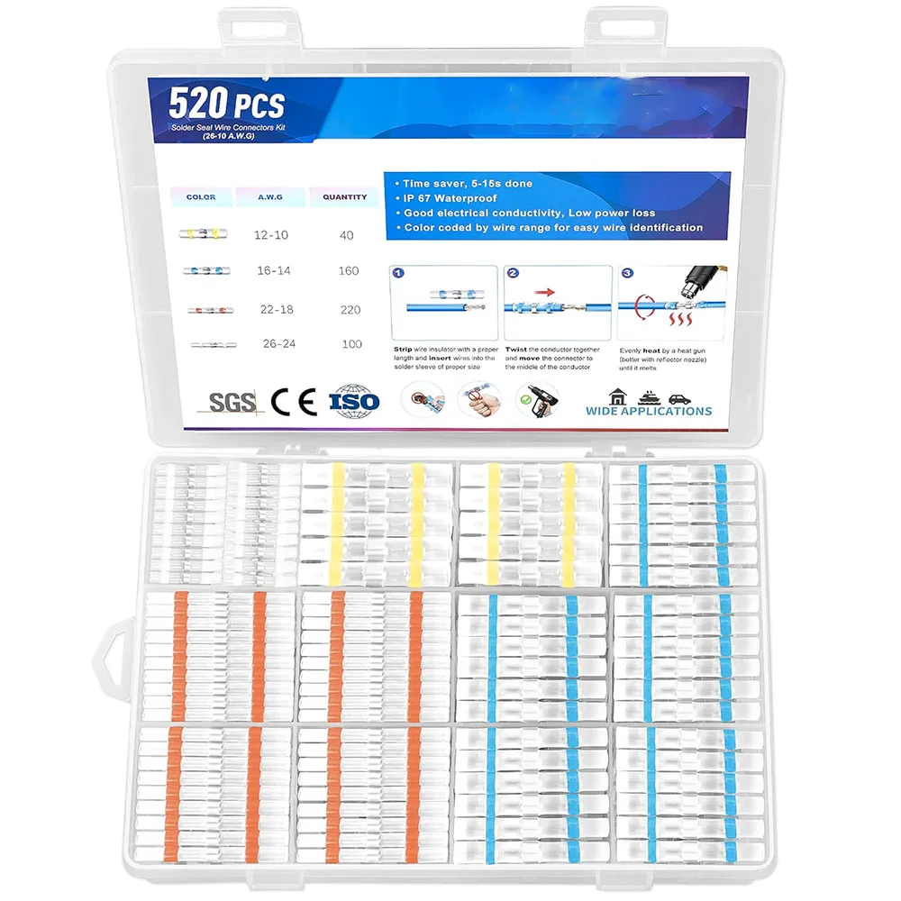 

520PCS Marine Solder Sealed Wire Connector Kit Solder Sealed Butt Terminal Waterproof Insulated Wire Connector