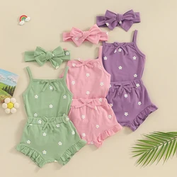 Pudcoco Baby Girls 3Pcs Summer Outfit Sleeveless Bow Romper + Ruffle Shorts + Headband Set Newborn Clothes 0-18M