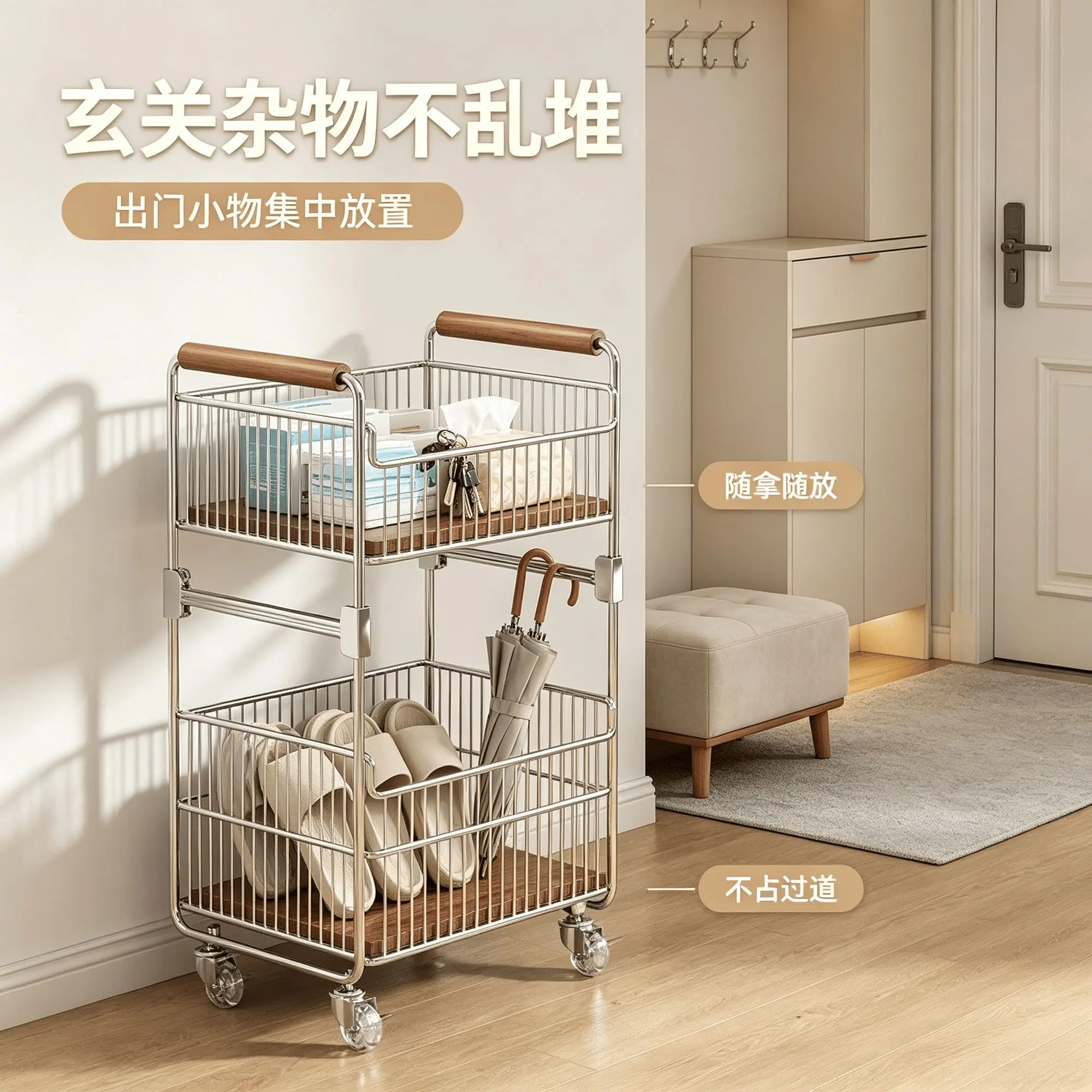 Stainless Steel 2 Tier Rolling Kitchen Trolley With Wood Handle Movable Storage Cart For Kitchen Living Room Bathroom