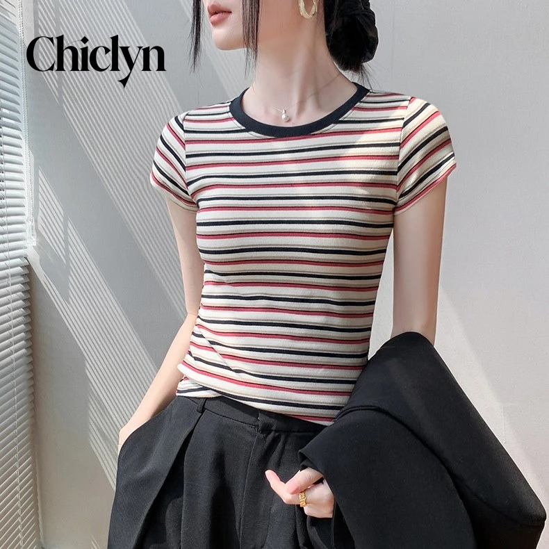 Retro Contrast Color Stripe Fashionable INS Short Sleeve T-Shirt Women Summer Slimming Base Layer Top Trendy Small Shirt