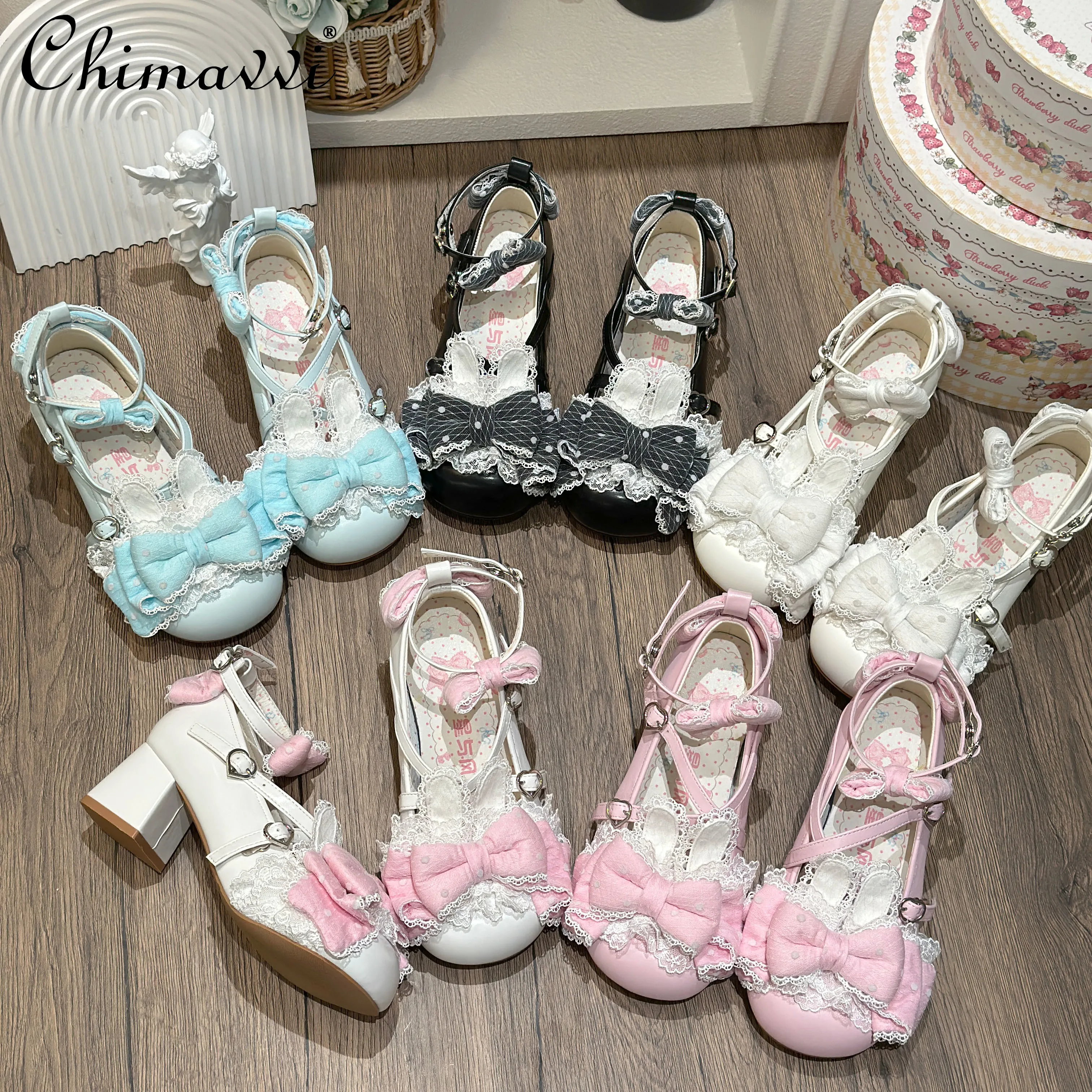 

Lolita Lace Polka Dot Rabbit Ear Bow Middle Heel Round Head Single Shoes Sweet Girl Princess Kawaii Mary Jane Low Heel Pumps
