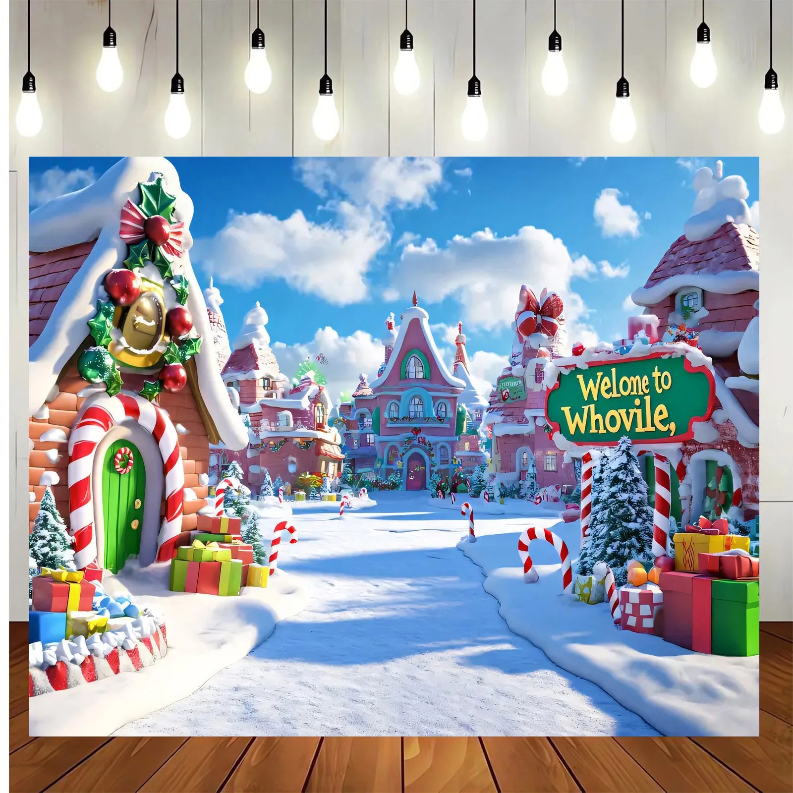 قطعة مسطحة 2D من خلفية بوليستر لمناظر قرية عيد الميلاد Whoville، مناسبة لتزيين الحفلات الاحتفالية