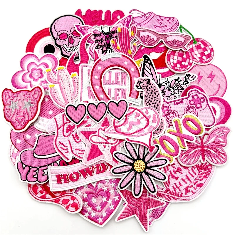 15/25/35/45/55pcs/lot Pink Assorted Embroidered Patches Applique for Clothin  Iron on Patches DIY Decoration Stripes Stickers