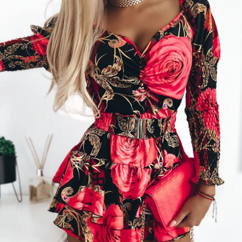 

Dress Women V Neck Print Floral Puff Full Sleeve Splice Short Dresses Slim Fit A Line Tight High Waist Belt Vestidos 2024