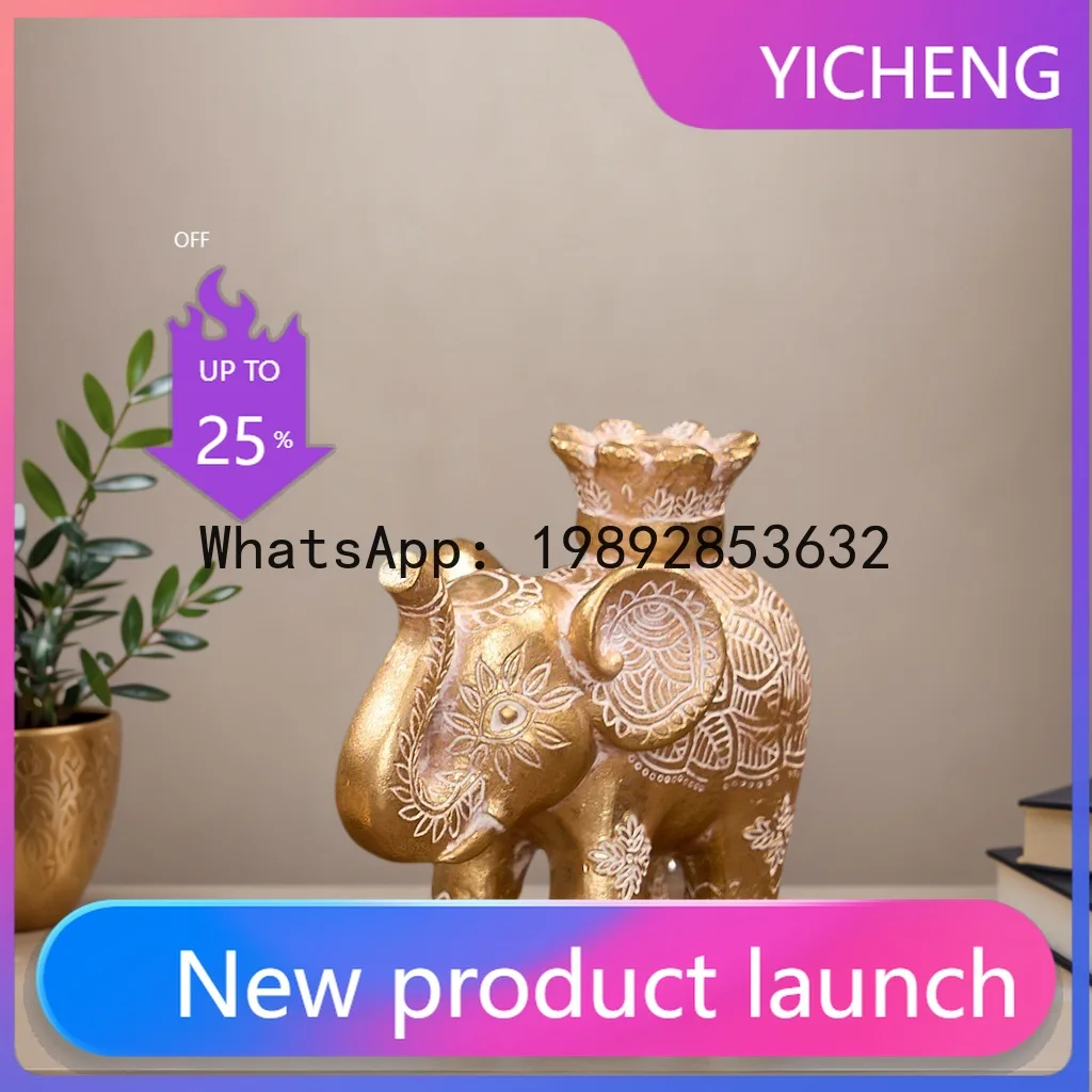 

PYJ Home Decor Crafts Gold Standing Elephant Resin Candle Holder Light Luxury Hand Depicted