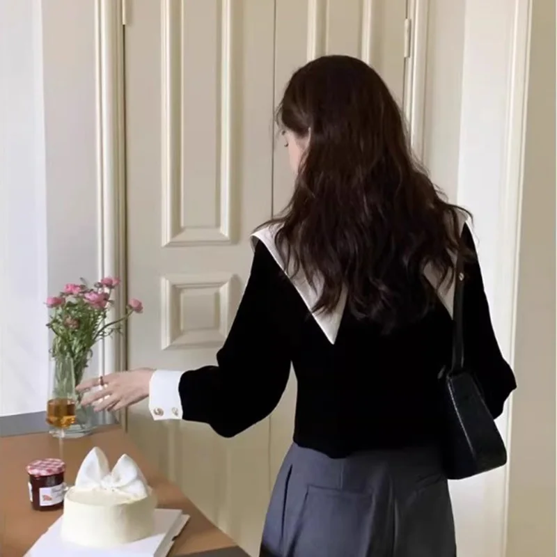 Lapel Shirts Women French Style Elegant Loose Vintage Panelled Graceful Pretty Lady Aesthetic Tops Autumn Pleuche Design Sweet image 6