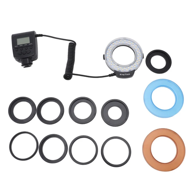 

48LED Macro Flash Light With LCD Display Power Control Adapter Rings Flash Diffuser For DSLR Cameras