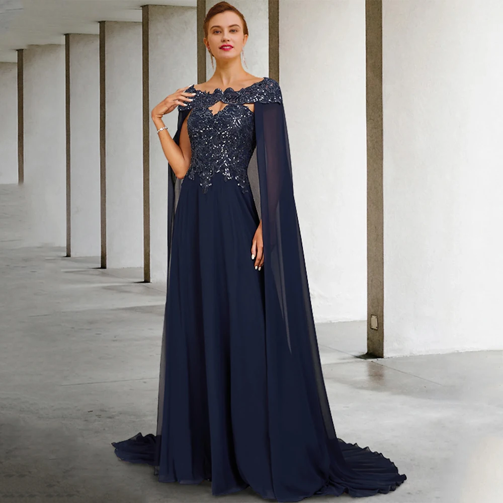 Vestido azul marino con capa de gasa para madre de la novia, apliques de lentejuelas brillantes, una línea, vestidos de invitados de boda, vestido de noche