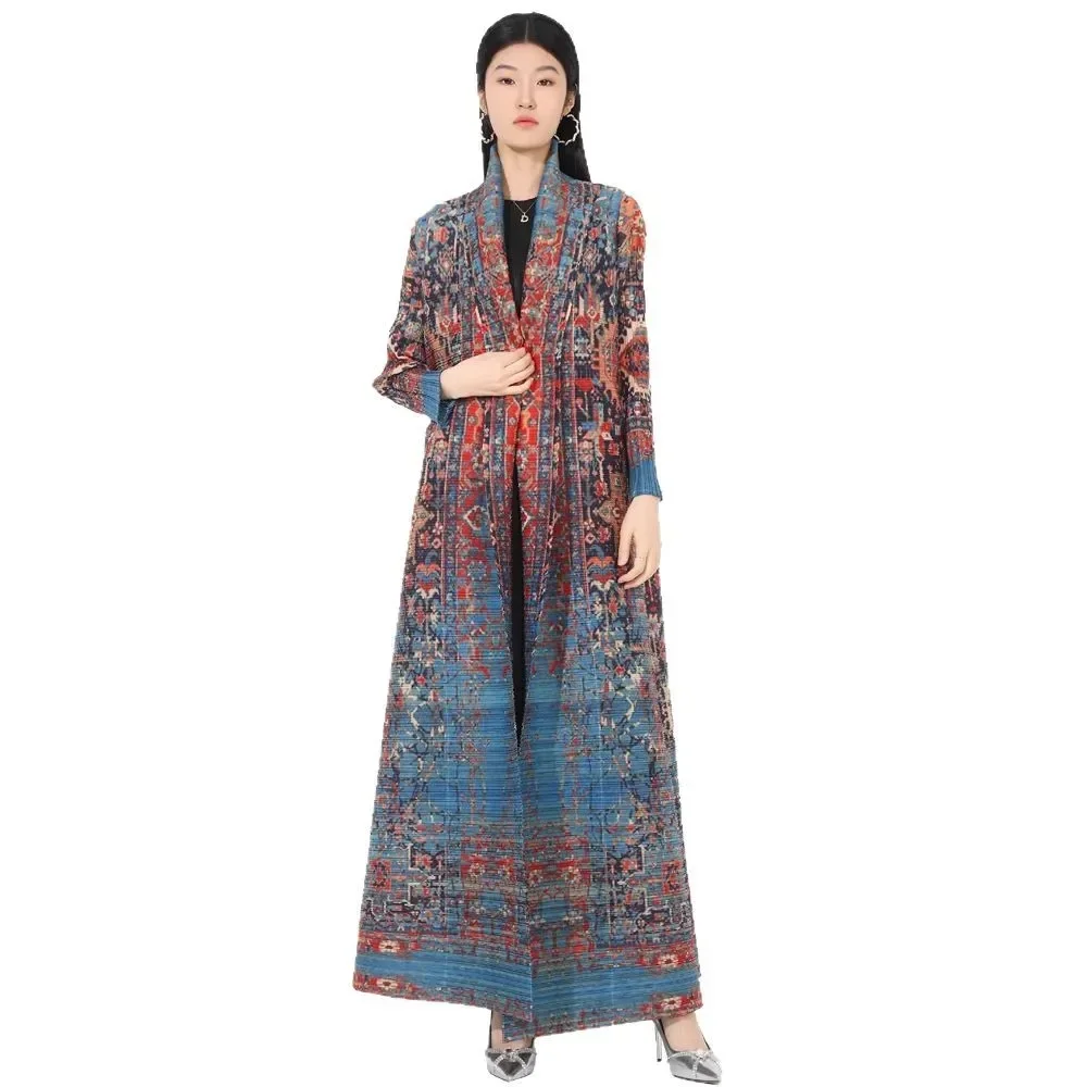 Miyake Pleated Vintage Printed Turn-down Collar Long Sleeve Long Jacket Women Designer Abaya New Dubai Fashion Plus Size Coats